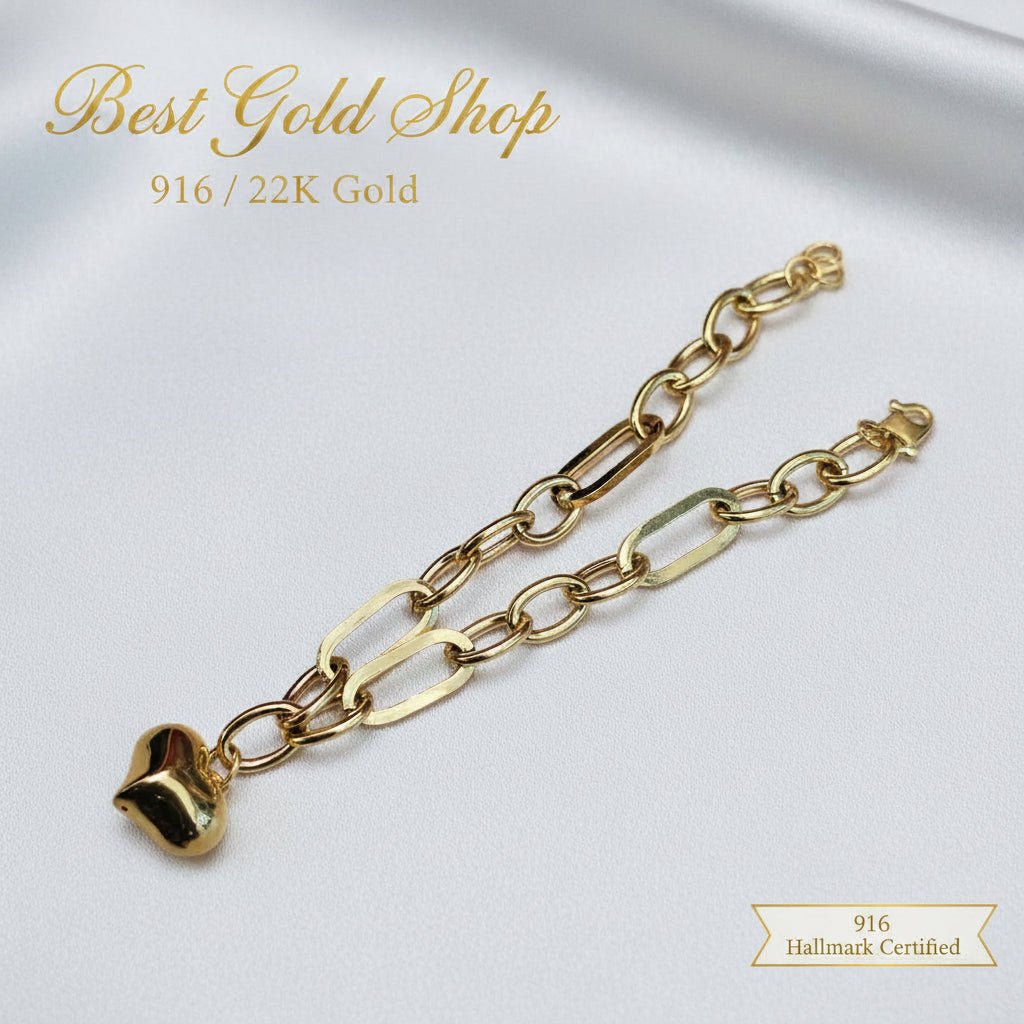 916 Gold Fancy Link Dangling Heart Bracelet V3 Bold and Elegant, Weight 6.03g L19-19.5 cm Width 0.5BraceletsBest Gold Shop