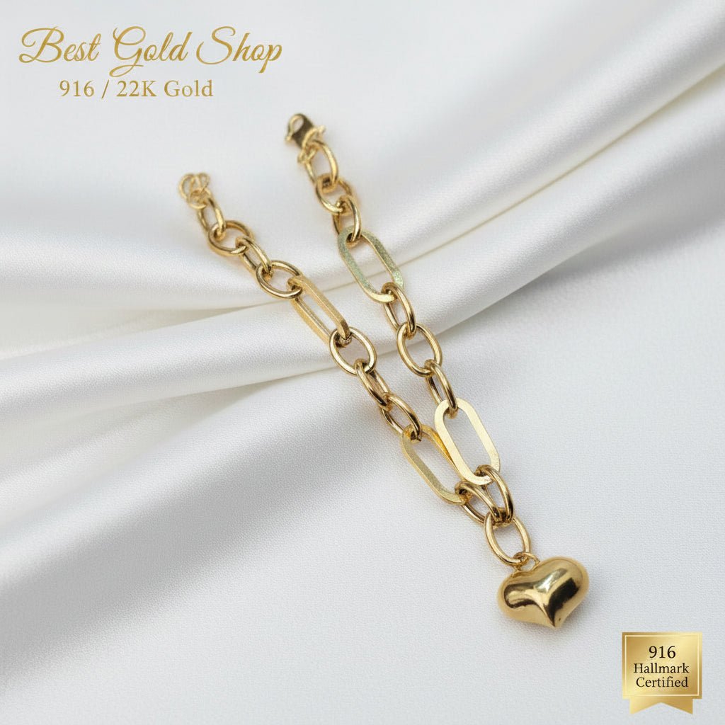 916 Gold Fancy Link Dangling Heart Bracelet V3 Bold and Elegant, Weight 6.03g L19-19.5 cm Width 0.5BraceletsBest Gold Shop