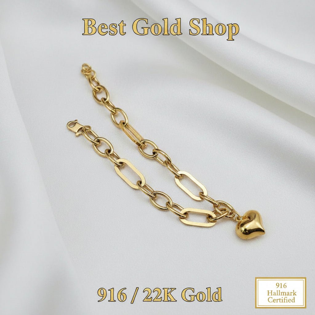 916 Gold Fancy Link Dangling Heart Bracelet V3 Bold and Elegant, Weight 6.03g L19-19.5 cm Width 0.5BraceletsBest Gold Shop