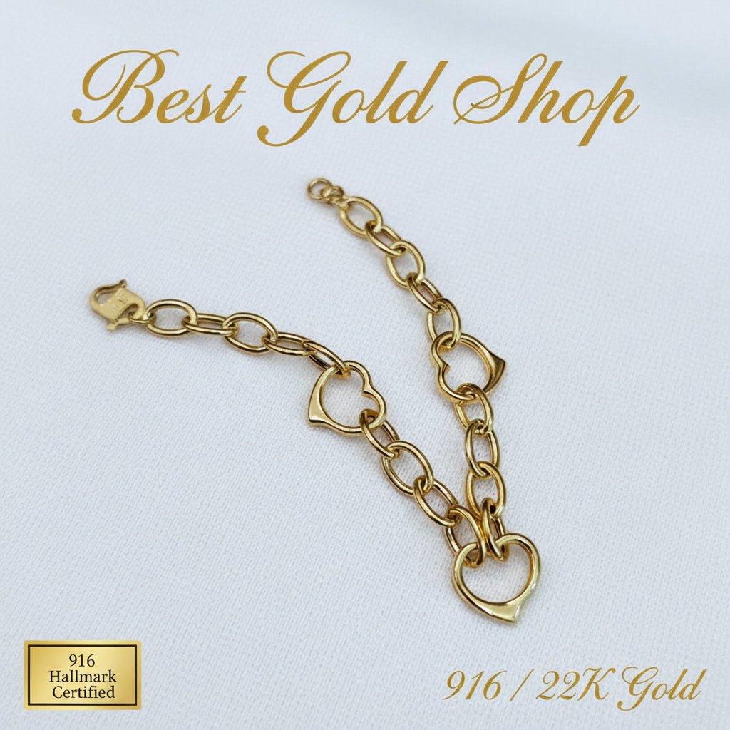 916 Gold Fancy Link Dangling Heart Bracelet V5 Bold and ElegantBraceletsBest Gold Shop