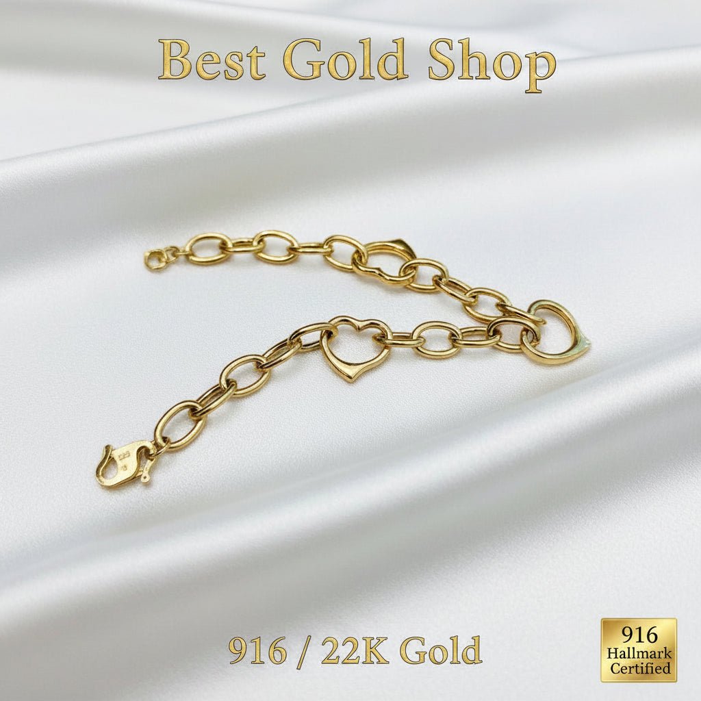 916 Gold Fancy Link Dangling Heart Bracelet V5 Bold and ElegantBraceletsBest Gold Shop