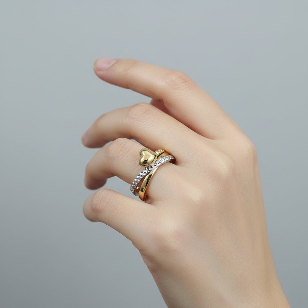 916 Gold Heart 2 Tone Ring Feather Light V1 - 22k gold 22k gold ring - Best Gold Shop