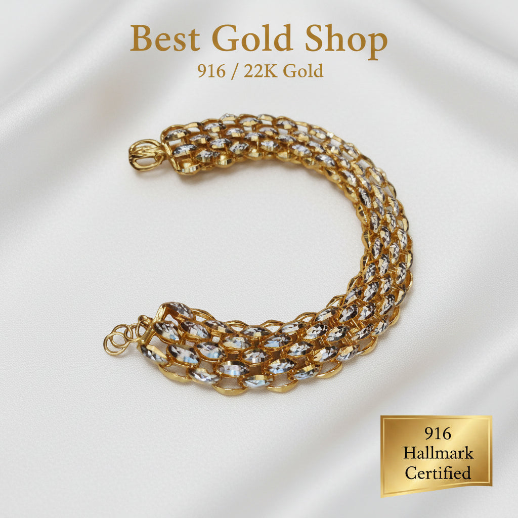 Curved view of the heavyweight 916 gold Fancy bracelet