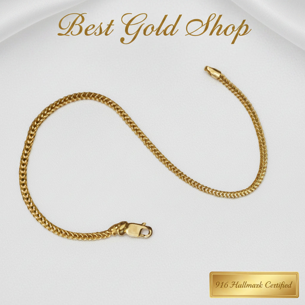 Angled view of lightweight 916 gold hollow box bracelet