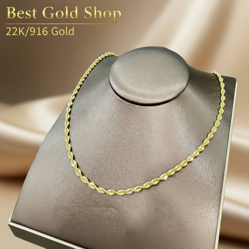 916 Gold Hollow Rope Necklace | Polished 22K Gold Design