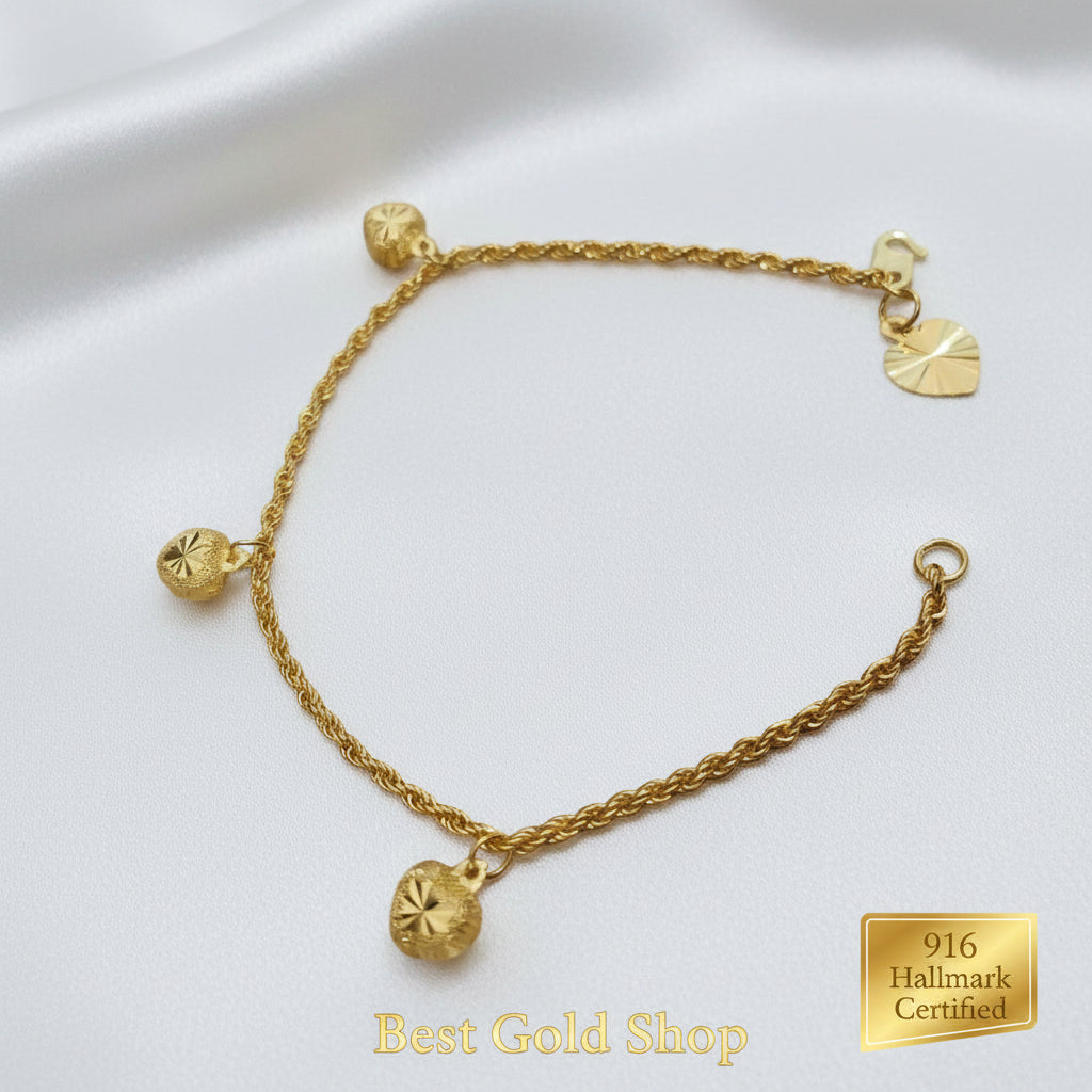 916 Gold (22K) Hollow Rope Bracelet with Three Heart Charms