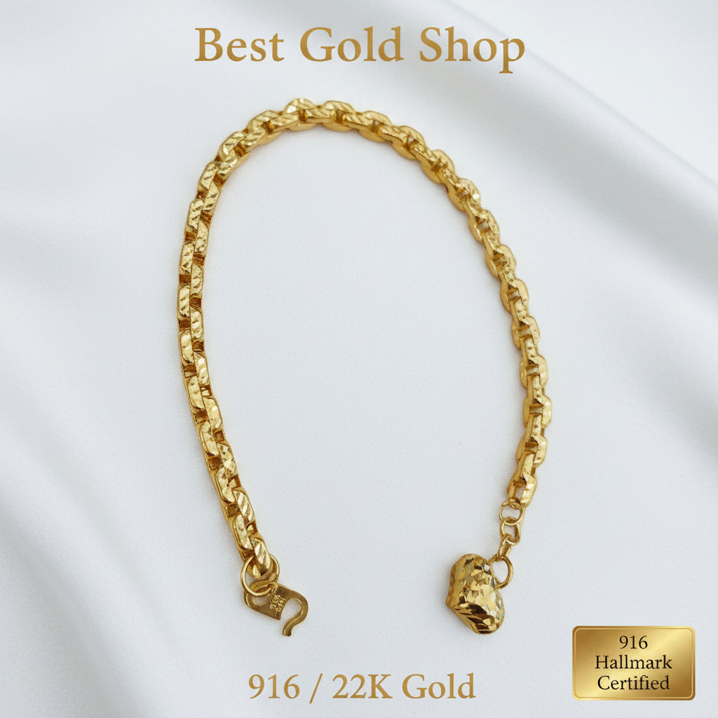 916 gold hollow Wanzi Heart link bracelet in a polished yellow-gold finish