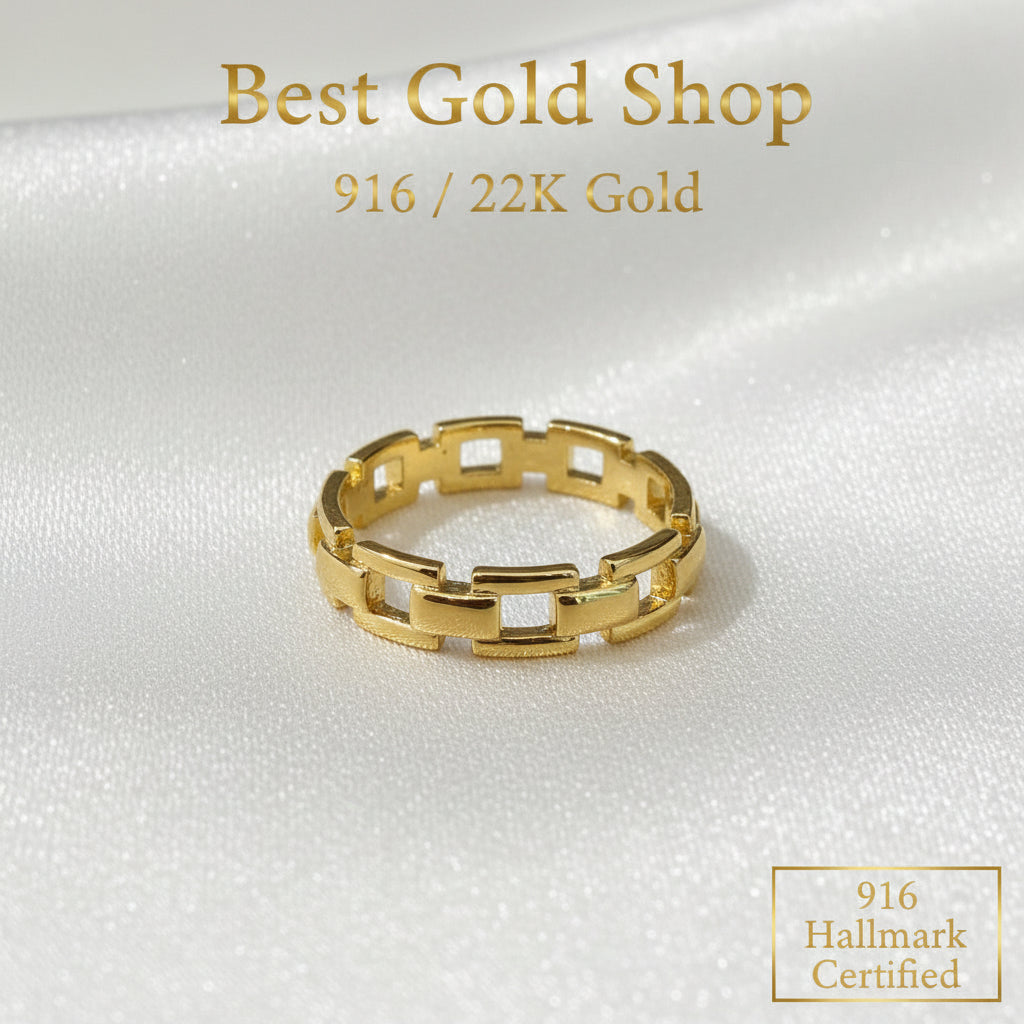 Detailed view of the open-link design of the 22K gold ring