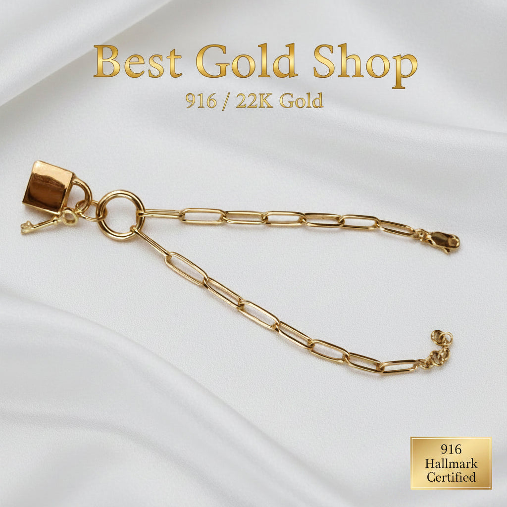 916 Gold Lock & Key Paperclip bracelet in full view.