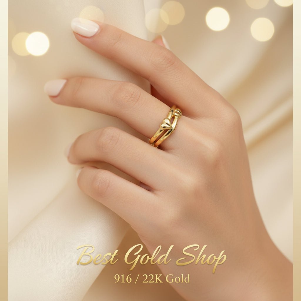 916 Gold Ring Double Heart Feather Light - 22k gold 22k gold ring - Best Gold Shop