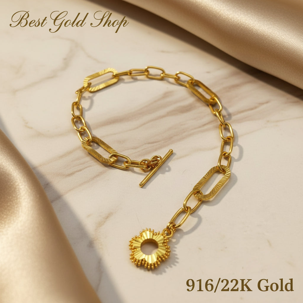 916 Gold (22K) T Bar with Sun Design Ring Bracelet for WomenBraceletsBest Gold Shop