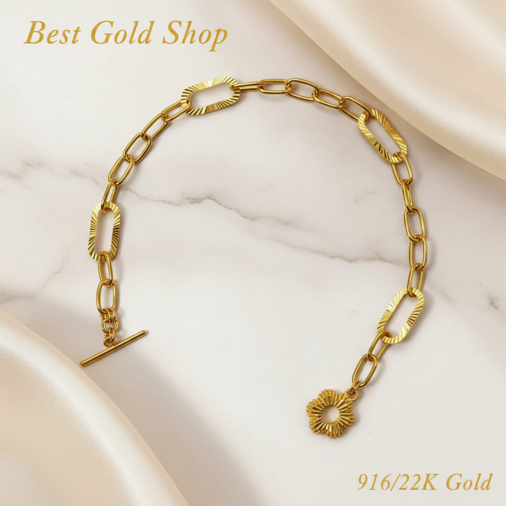 916 Gold (22K) T Bar with Sun Design Ring Bracelet for WomenBraceletsBest Gold Shop