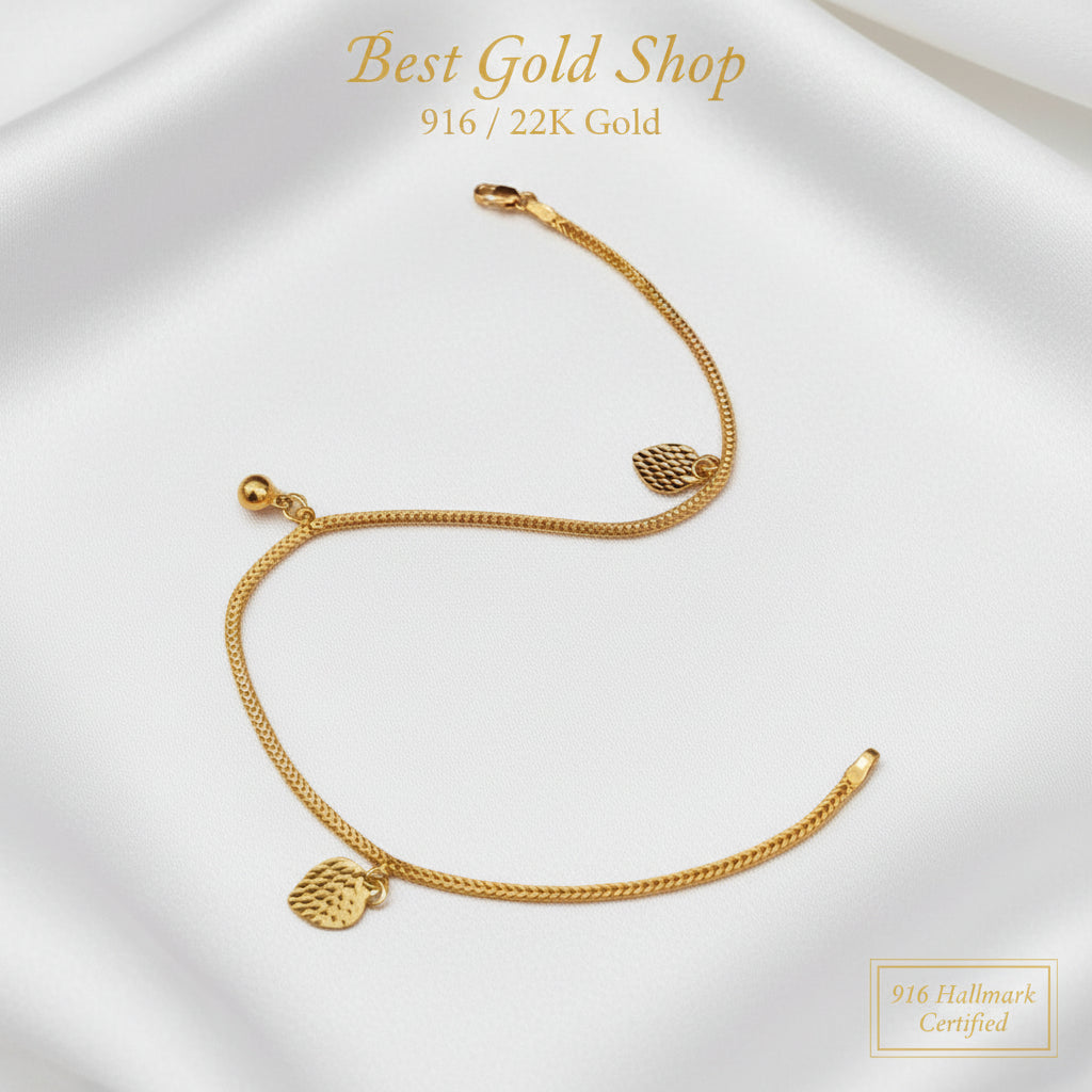 916 Gold Textured Heart Bell Anklet | Elegant 22K Gold Design