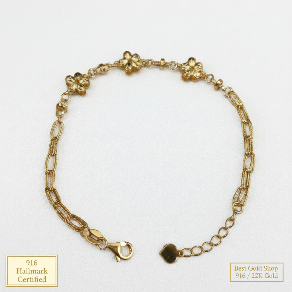 916 Gold (22K) Three-Flower Link Bracelet – Adjustable 16.1–18.2cm