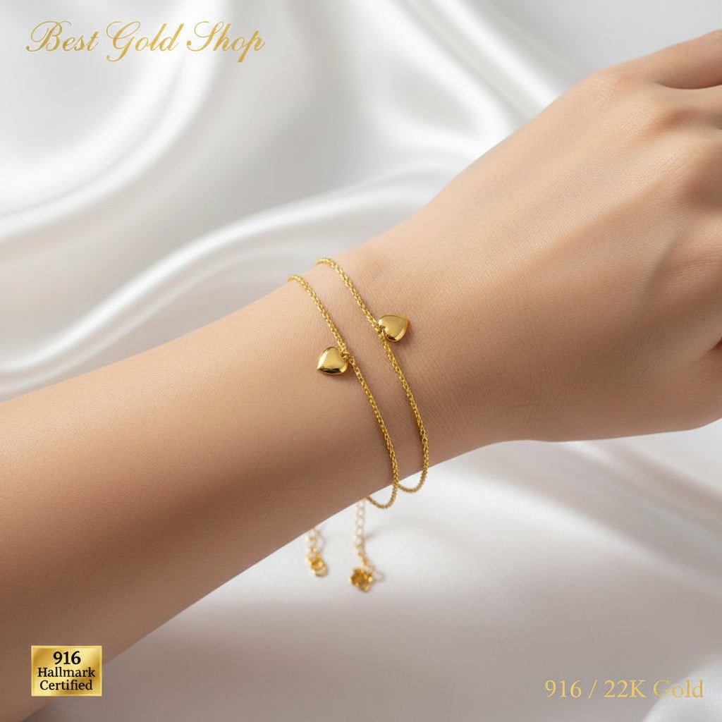 916 Gold Wan Zi Dangling Heart Bracelet Slim elegant designBraceletsBest Gold Shop