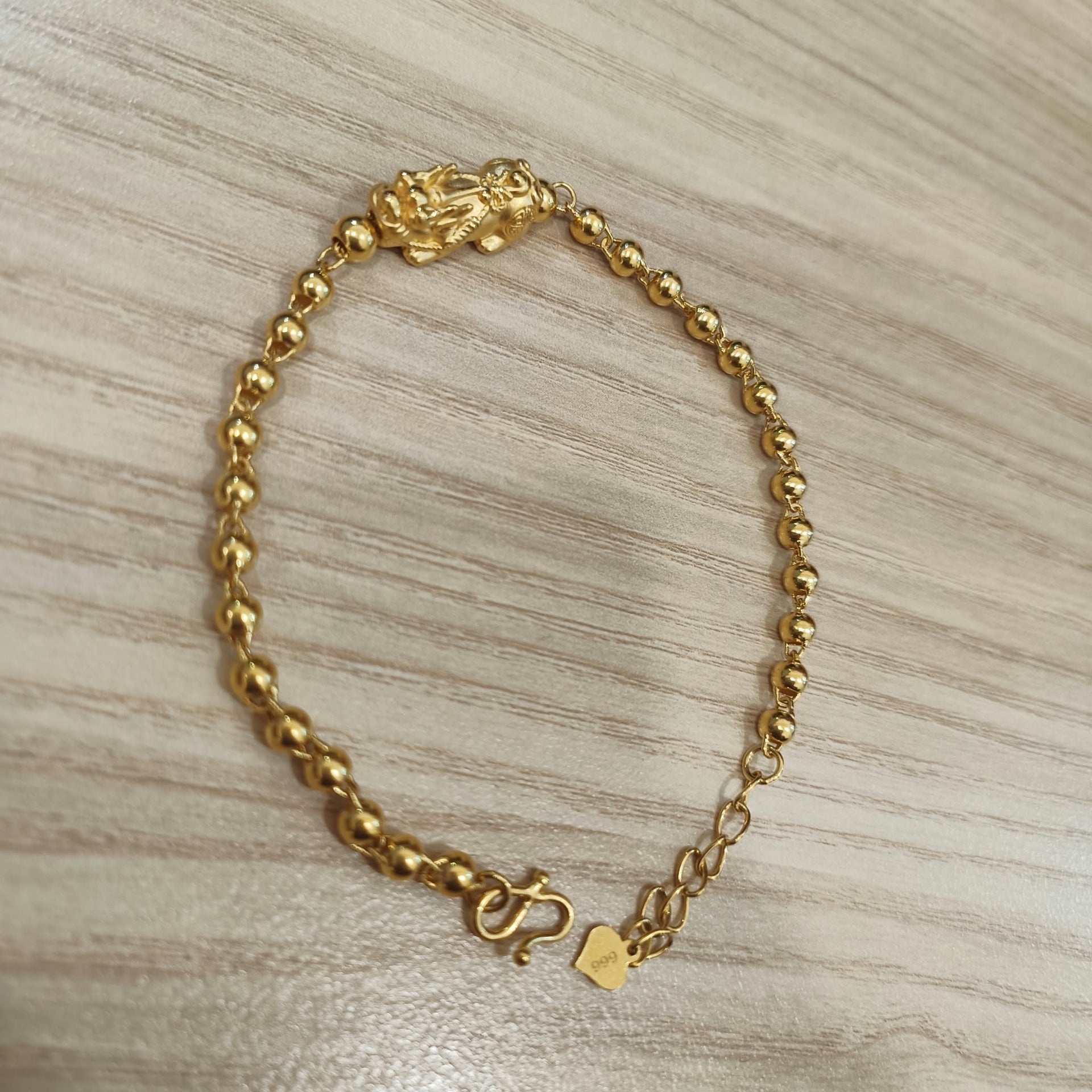 999 gold beads Pixiu bracelet lucky wealth design in 24K yellow gold - view 4