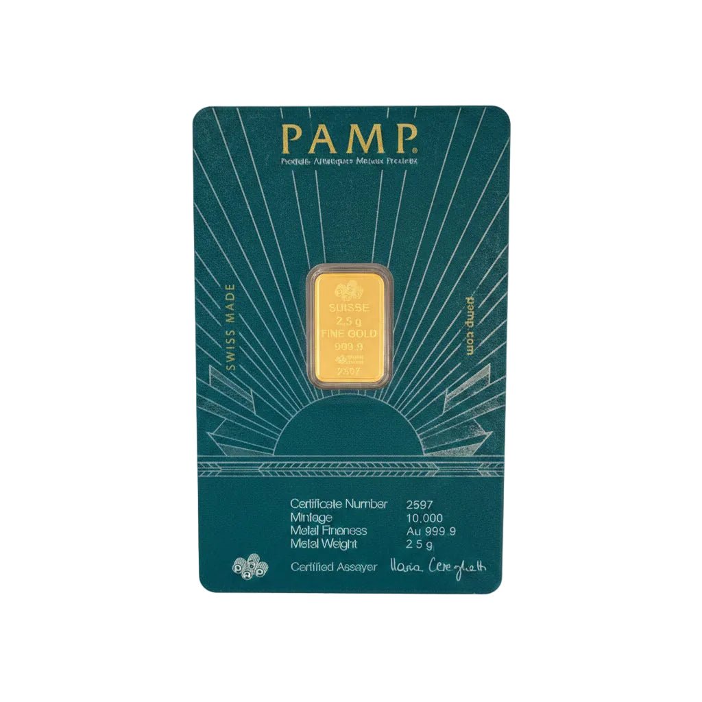 Close-up detail of a PAMP Suisse 999.9 fine gold bullion bar.