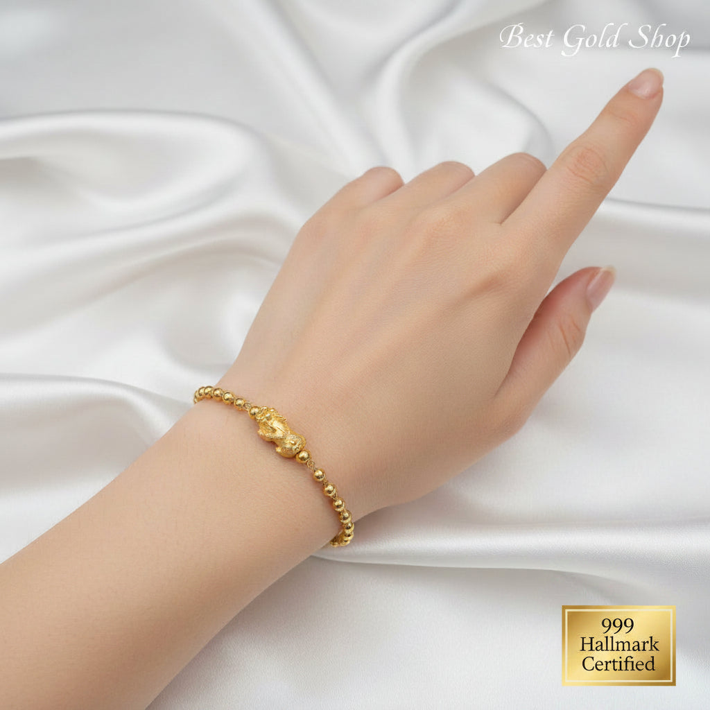 999 Gold Beads Pixiu Bracelet | 24K Gold Lucky Wealth Design