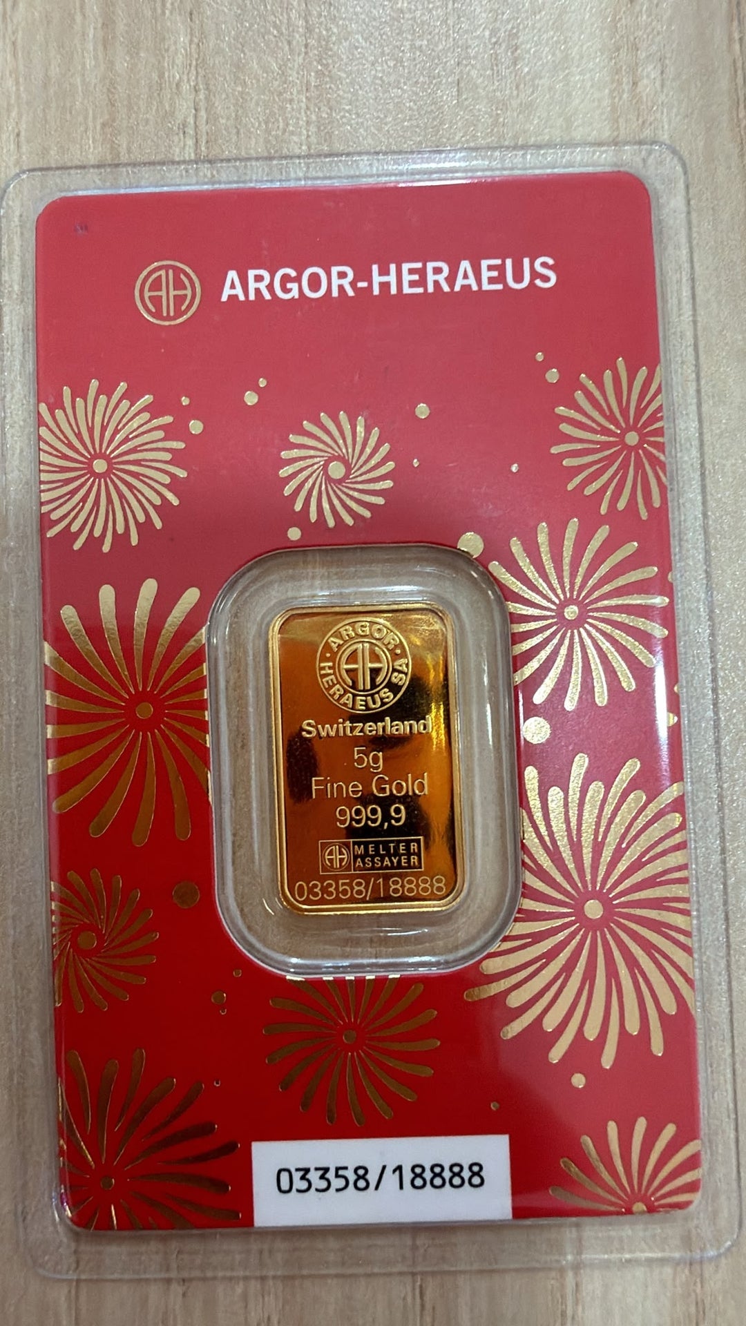 Owner-supplied photo of a 5g Argor-Heraeus 2026 Year of the Horse gold bar, hallmark side in red assay packaging; serial 03358/18888.