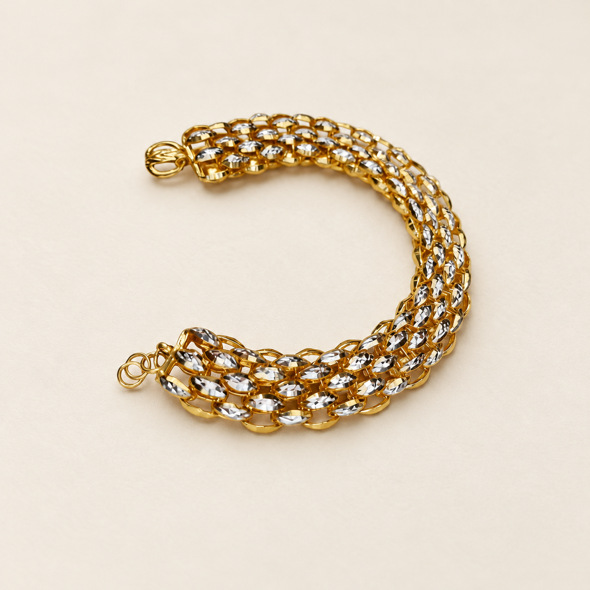 Curved view of 22K / 916 gold Fancy Bracelet with adjustment rings
