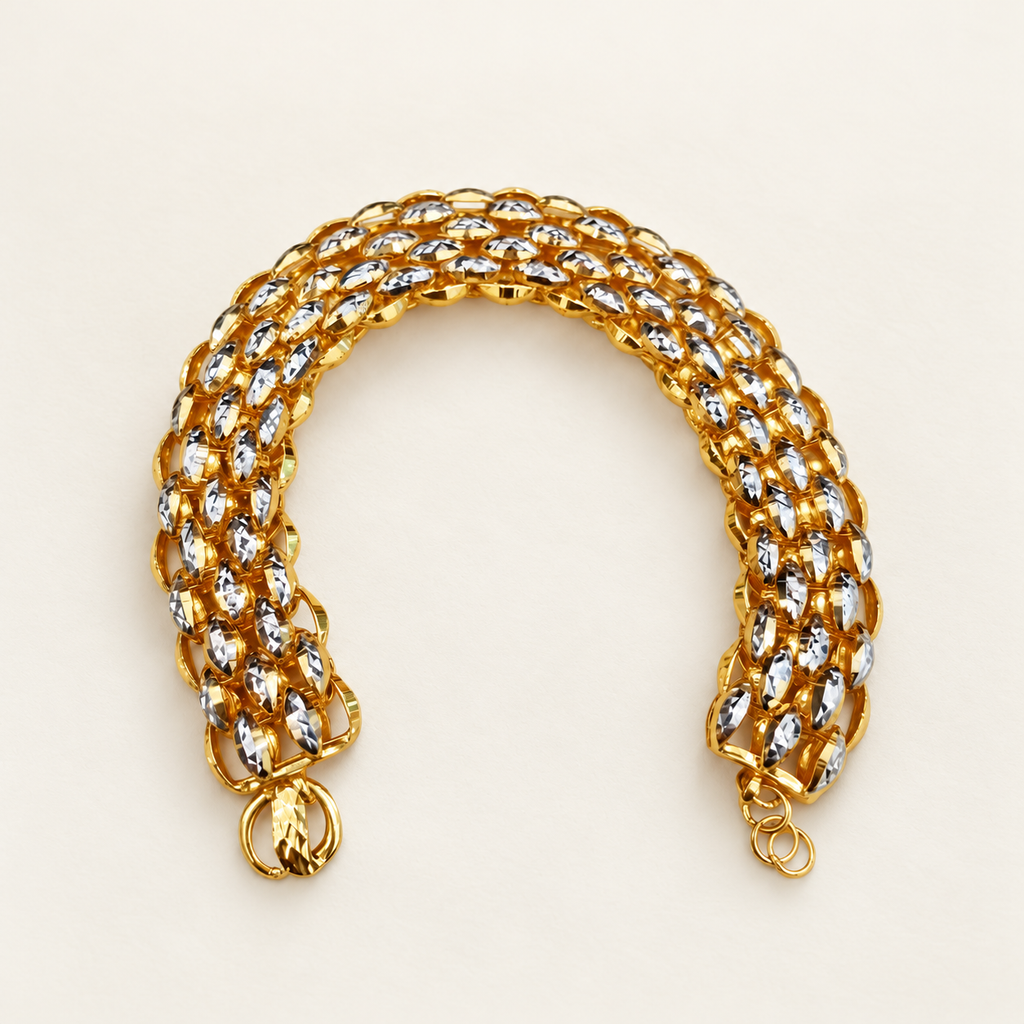 22K / 916 gold Fancy Bracelet with multirow faceted oval links on ivory background