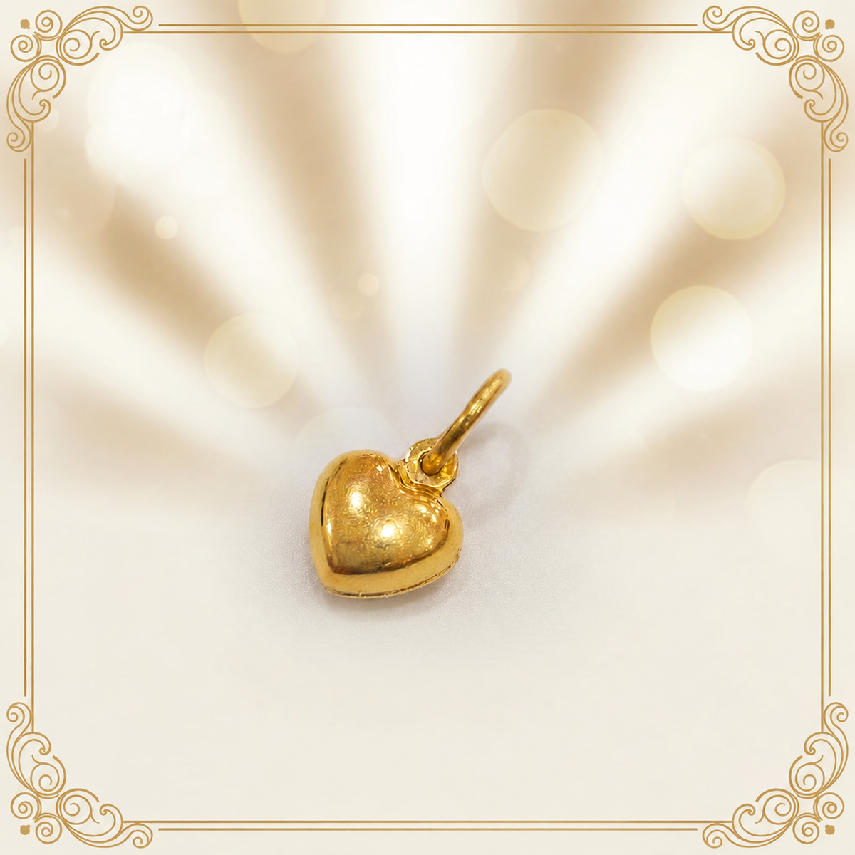 Polished 916 gold heart pendant with tilted loop on a cream background