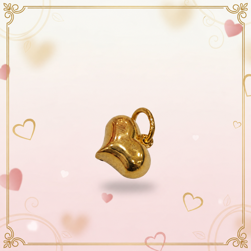 Sculpted polished 916 gold heart pendant on a pink heart-patterned background