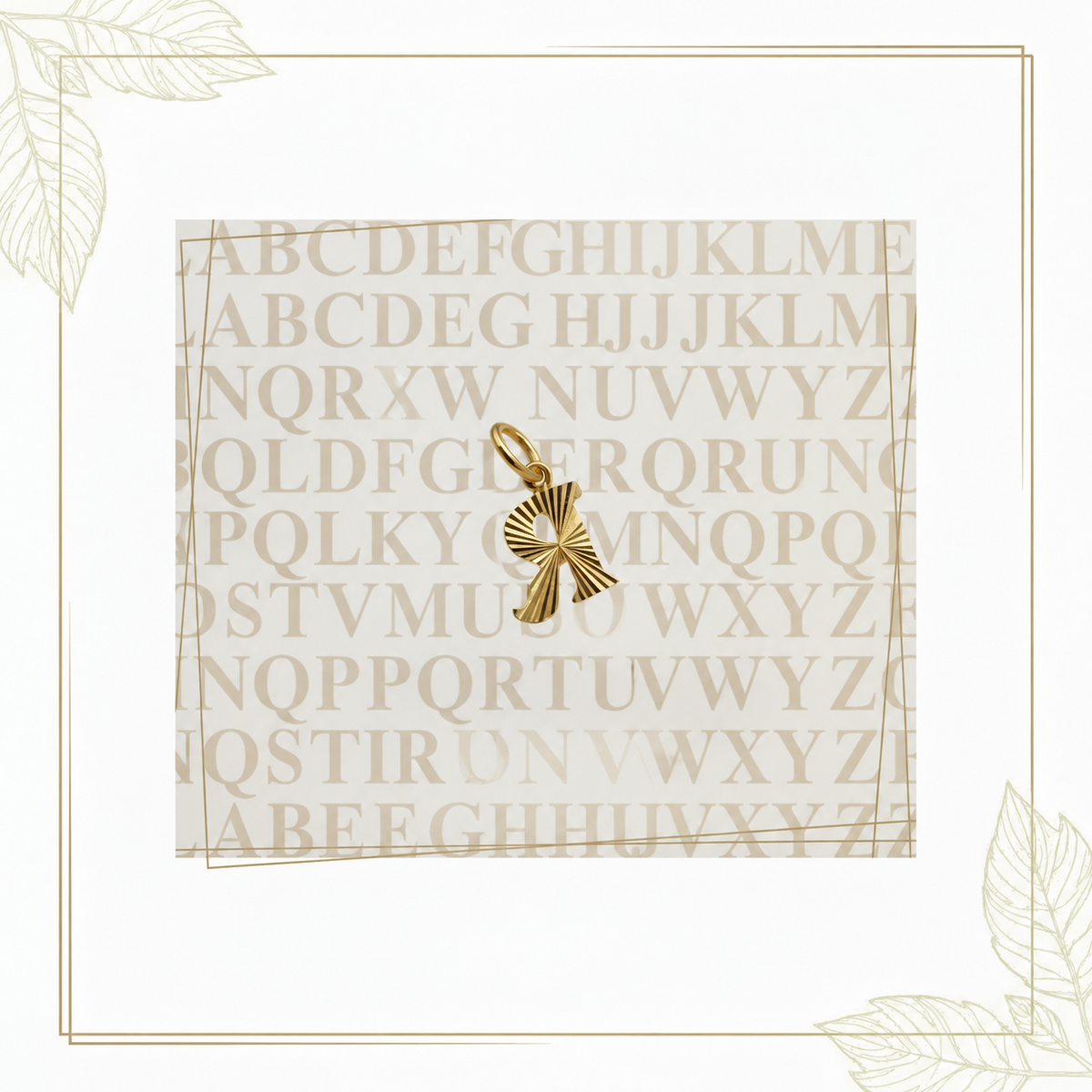 Guild Bullion 916 gold letter R pendant in reverse orientation on a decorative alphabet background