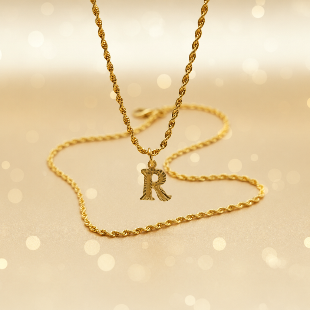 Guild Bullion 916 gold letter R pendant with rope chain for styling reference; chain not included