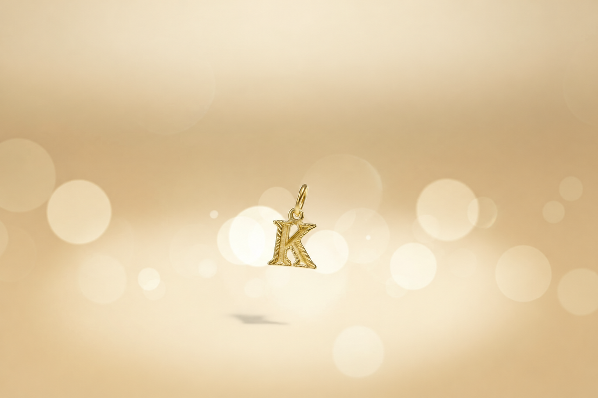Guild Bullion 916 gold letter K pendant front view on a gold bokeh background