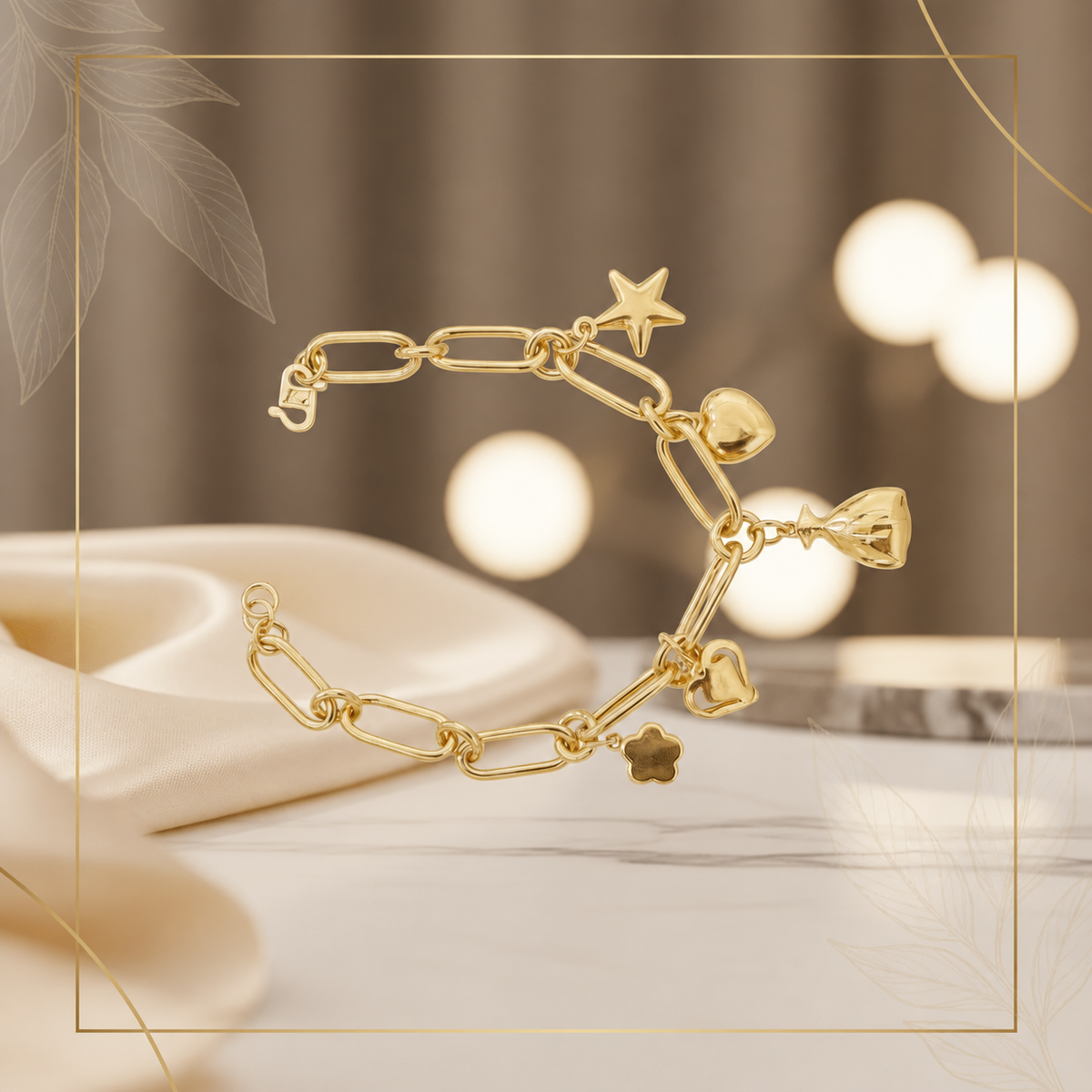 Earlier anchor charm bracelet against a warm bokeh background; design reference only