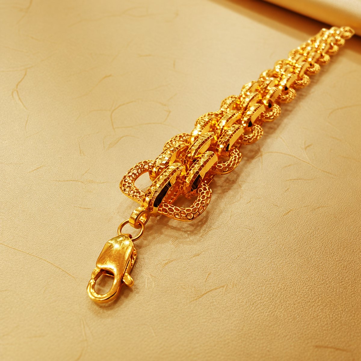 Close-up of the 916 gold double-link bracelet showing textured links and lobster clasp