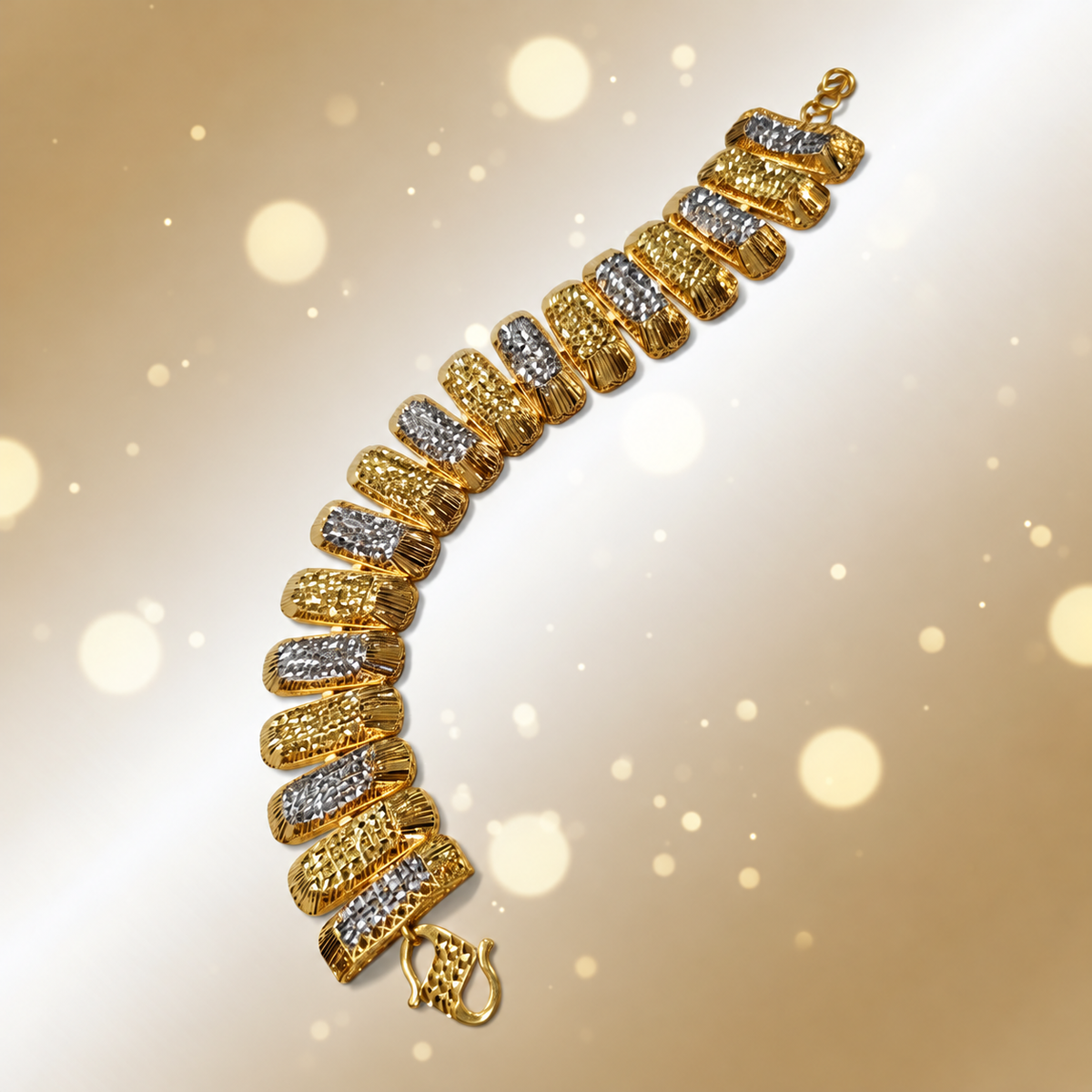 916 gold dual-tone rectangular bracelet BR20979 with S-hook clasp on a warm background