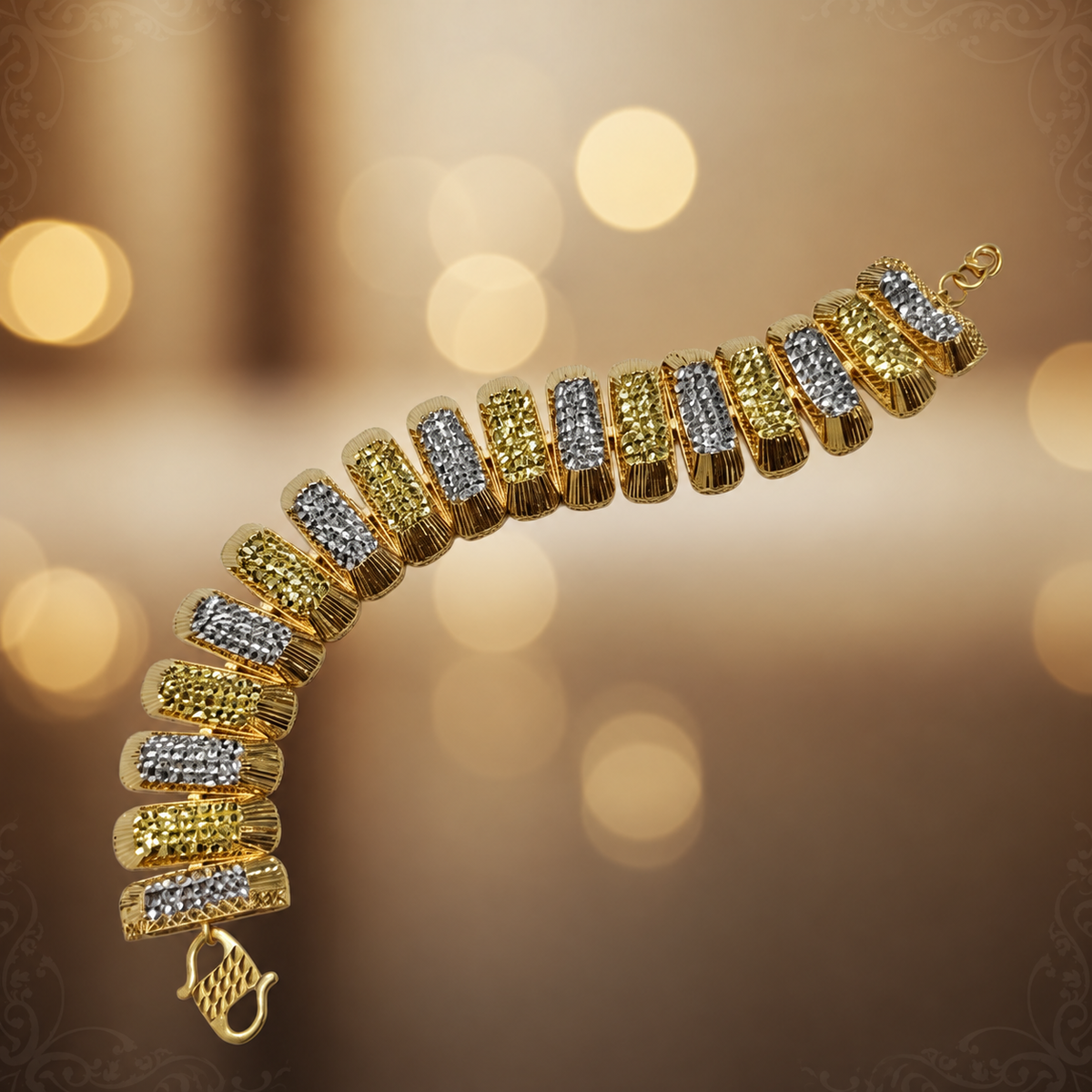 916 gold dual-tone rectangular bracelet BR20979 curved to show alternating link centres