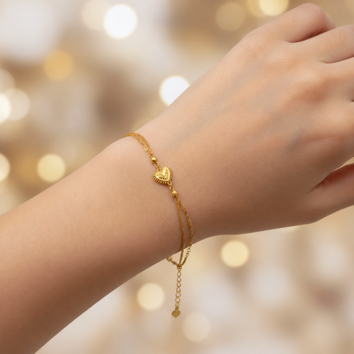 916 gold Elegant Heart and Bead Bracelet worn on a wrist with fine chain strands and heart-tipped extension