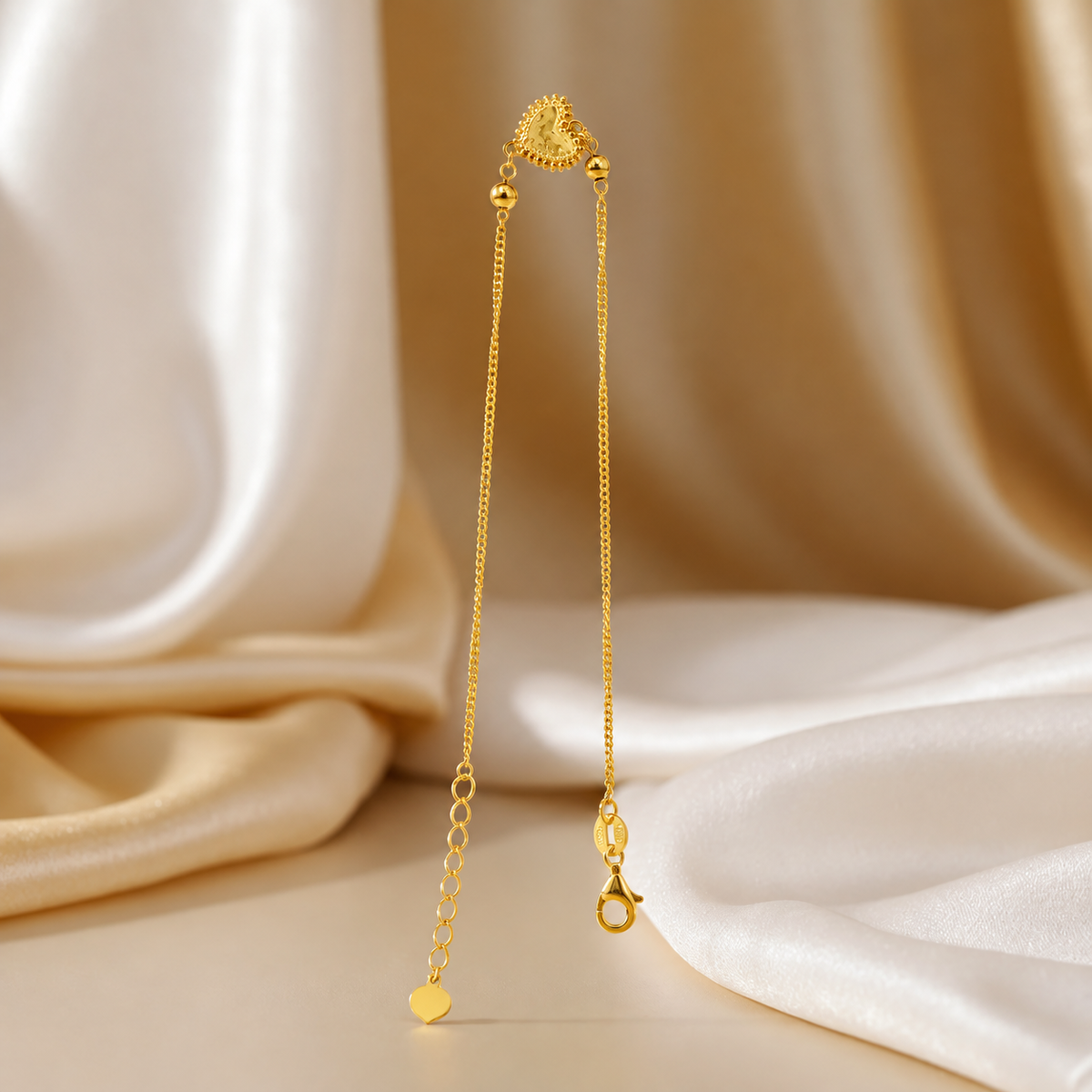 Full hanging view of the 916 gold Elegant Heart and Bead Bracelet with lobster clasp and heart end tag