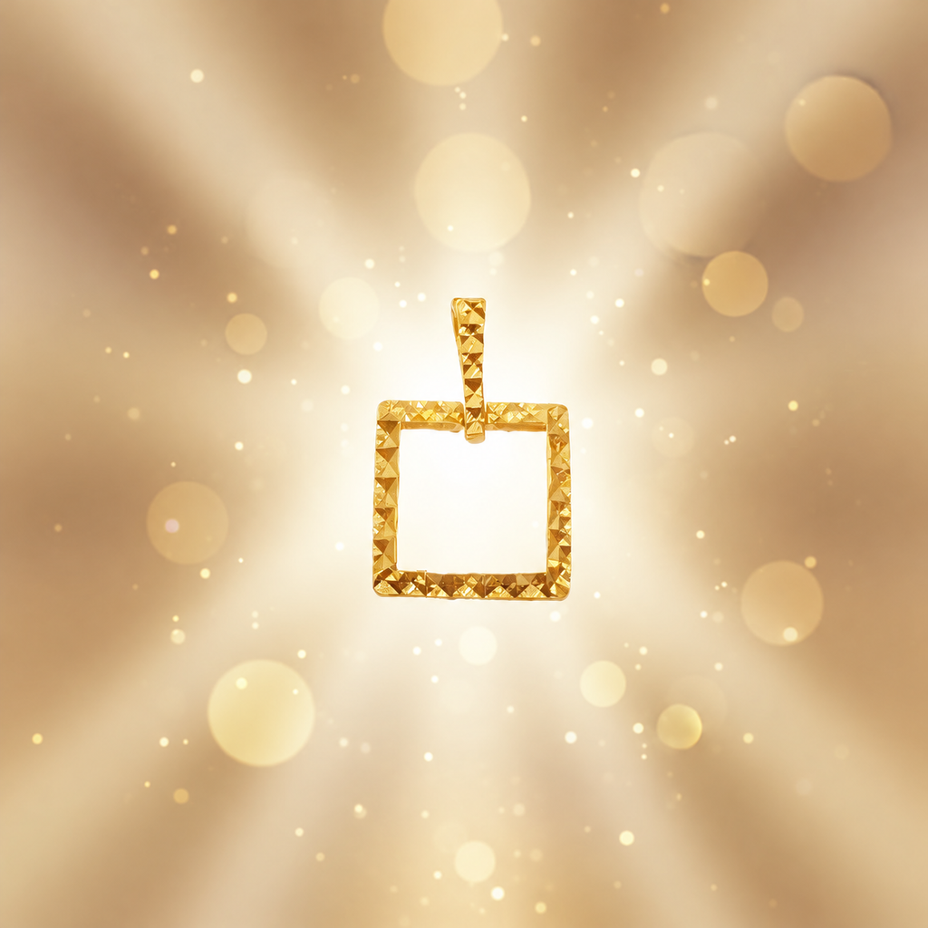 916 gold square-frame pendant with faceted gold surfaces on a warm bokeh background