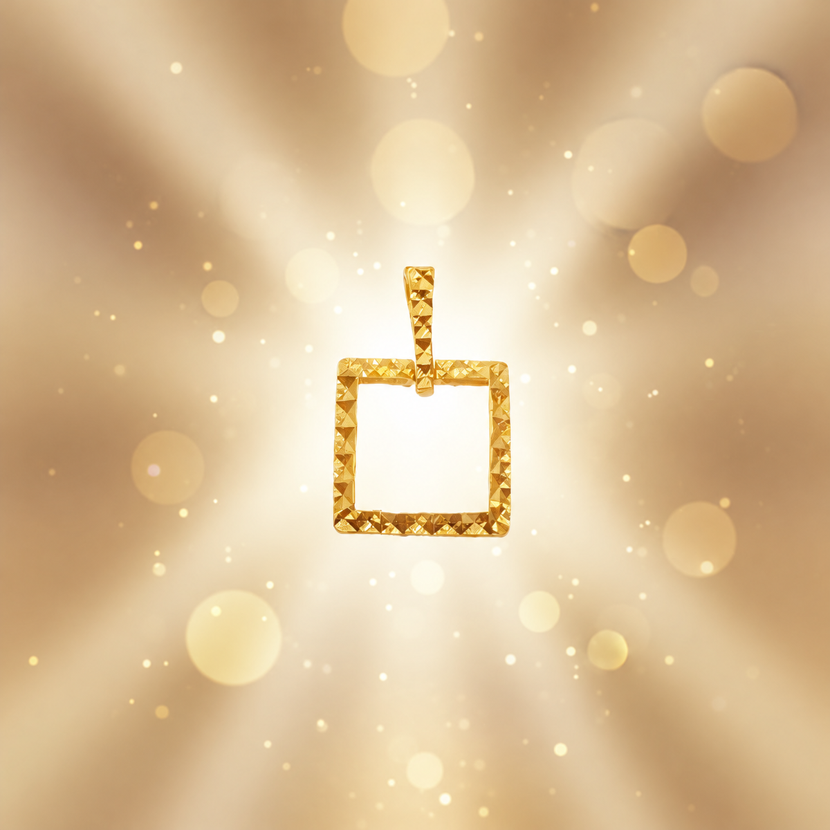 916 gold square-frame pendant with faceted gold surfaces on a warm bokeh background