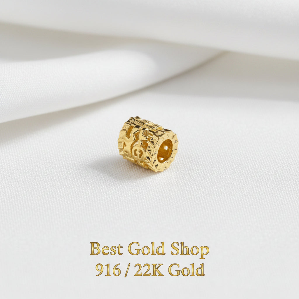 Guild Bullion 916 gold openwork barrel bead; collection design reference. Check selector for current options and availability.