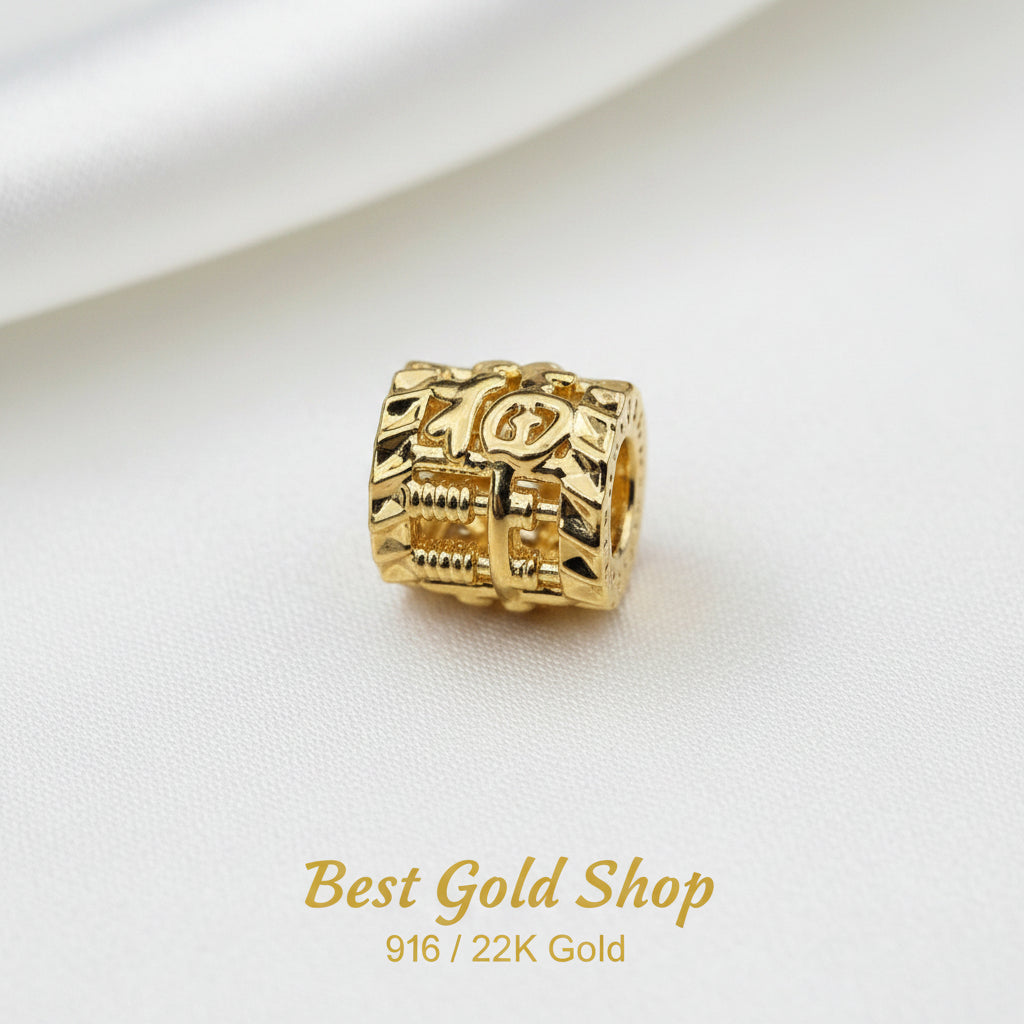 Guild Bullion 916 gold square character bead; collection design reference. Check selector for current options and availability.