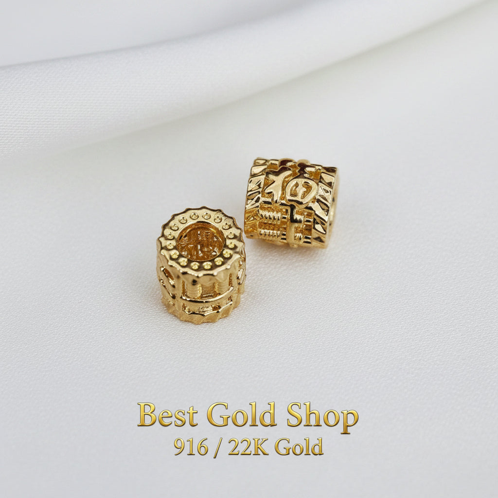 Guild Bullion 916 gold square and barrel beads; collection design reference. Check selector for current options and availability.
