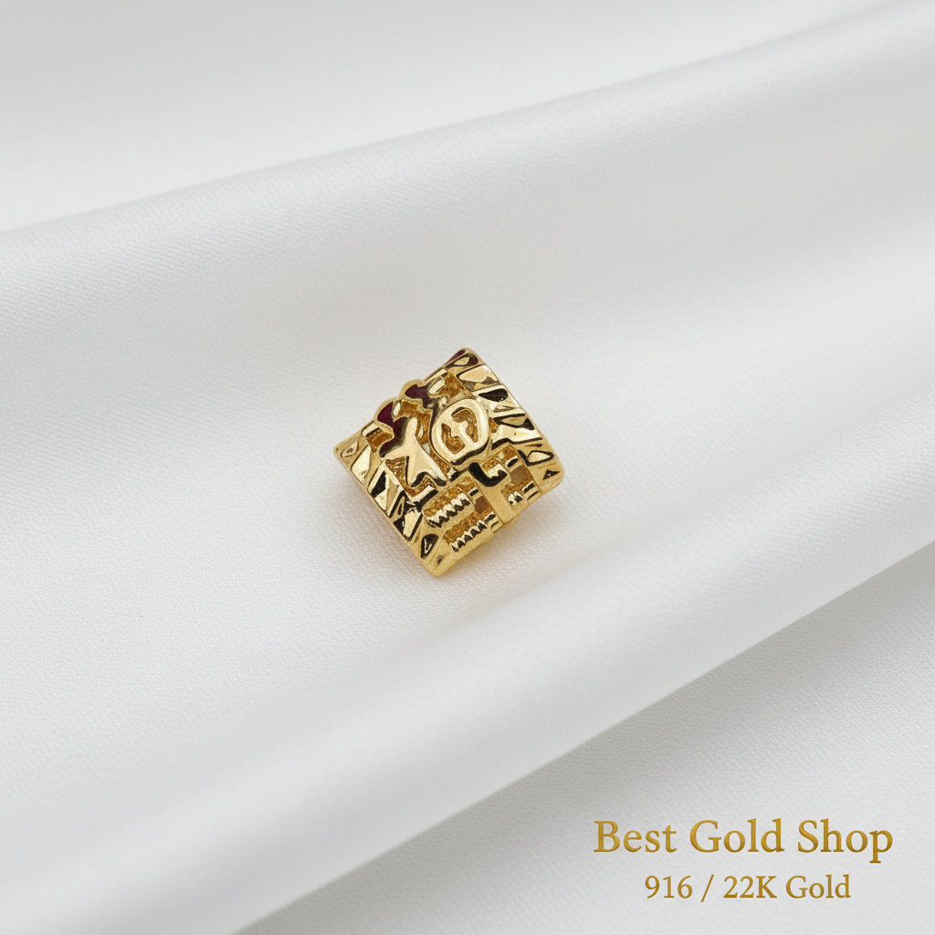 Guild Bullion 916 gold square character bead; collection design reference. Check selector for current options and availability.