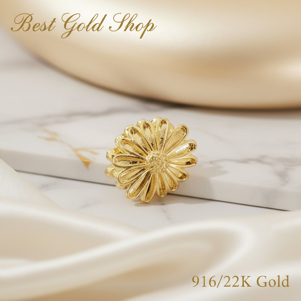 Guild Bullion 916 gold fluted round flower bead; collection design reference. Check selector for current options and availability.