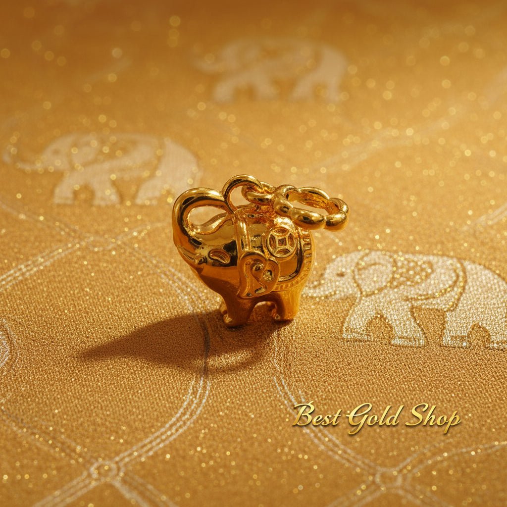 Guild Bullion 916 gold elephant charm; collection design reference. Check selector for current options and availability.