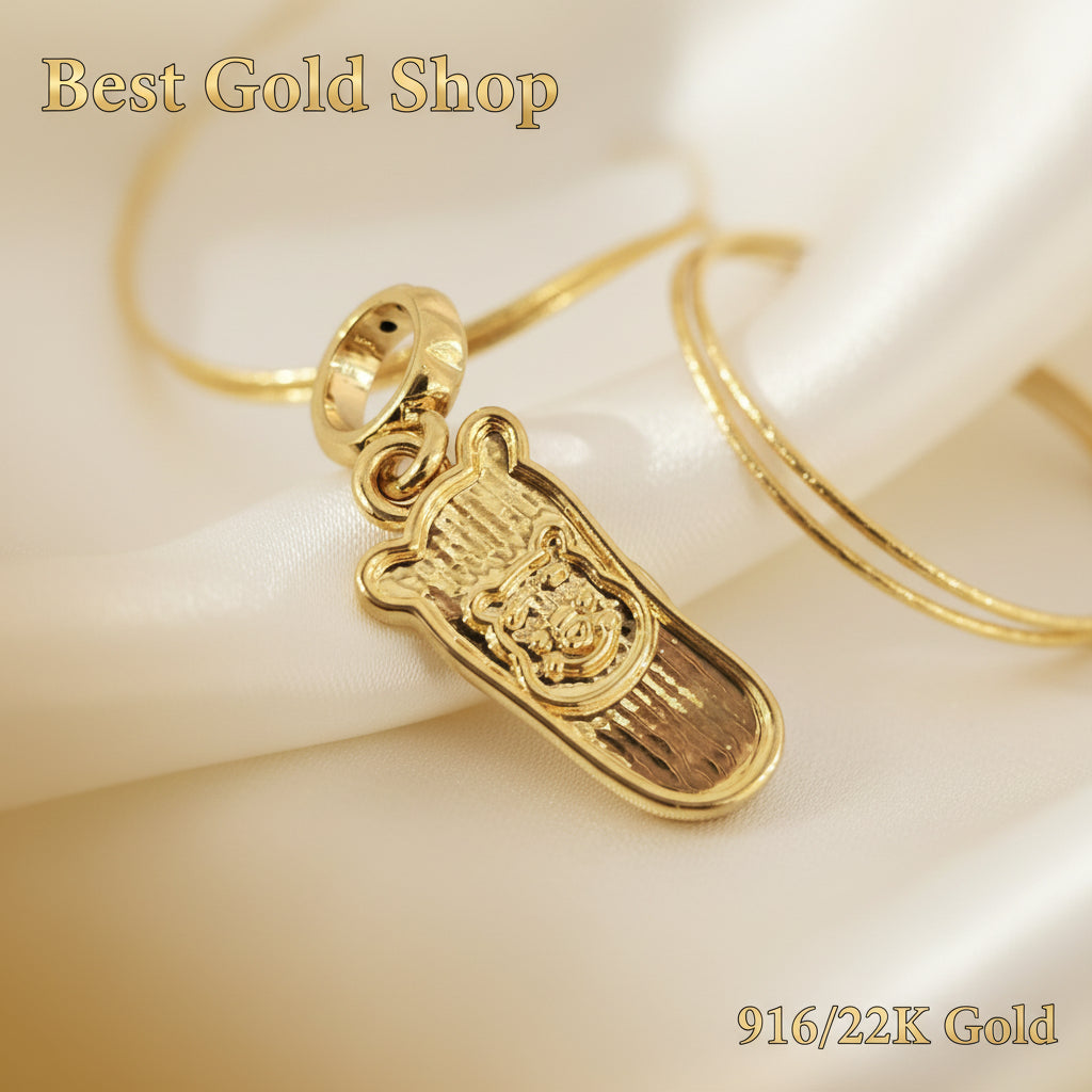 Guild Bullion 916 gold flip flop charm; collection design reference. Check selector for current options and availability.