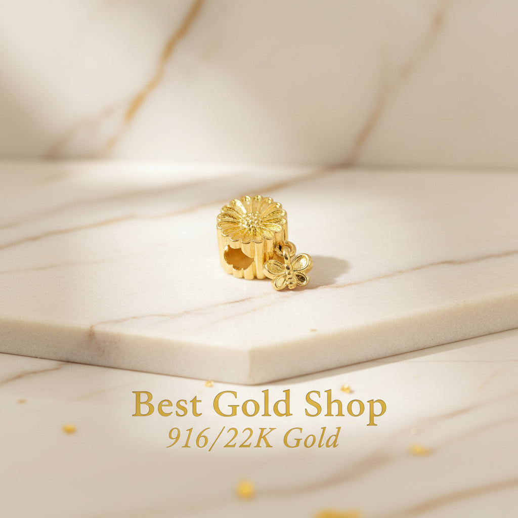 Guild Bullion 916 gold flower bead; collection design reference. Check selector for current options and availability.