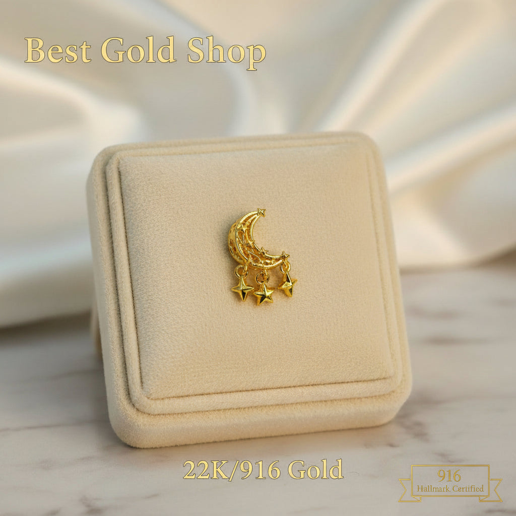 Guild Bullion 916 gold crescent cat display; collection design reference. Check selector for current options and availability.