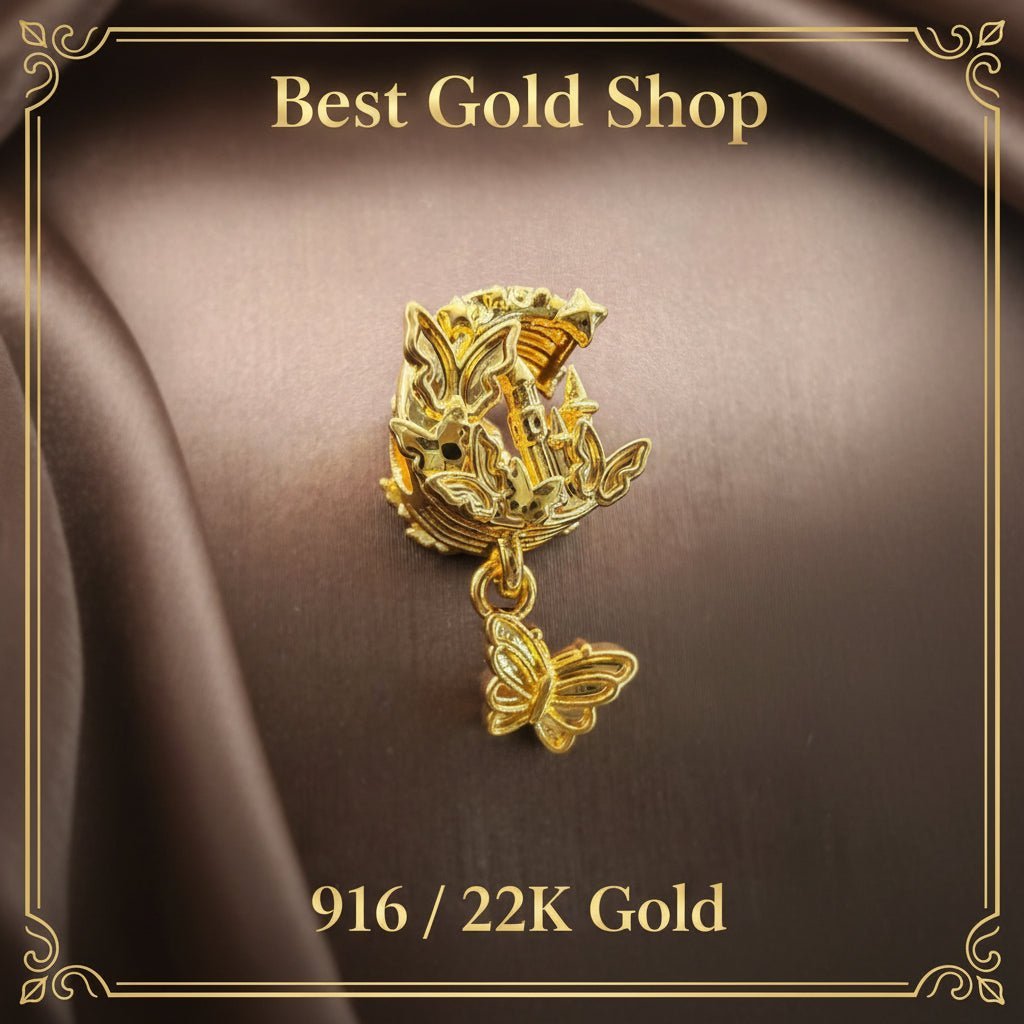 Guild Bullion 916 gold floral bead and butterfly dangle; collection design reference. Check selector for current options and availability.