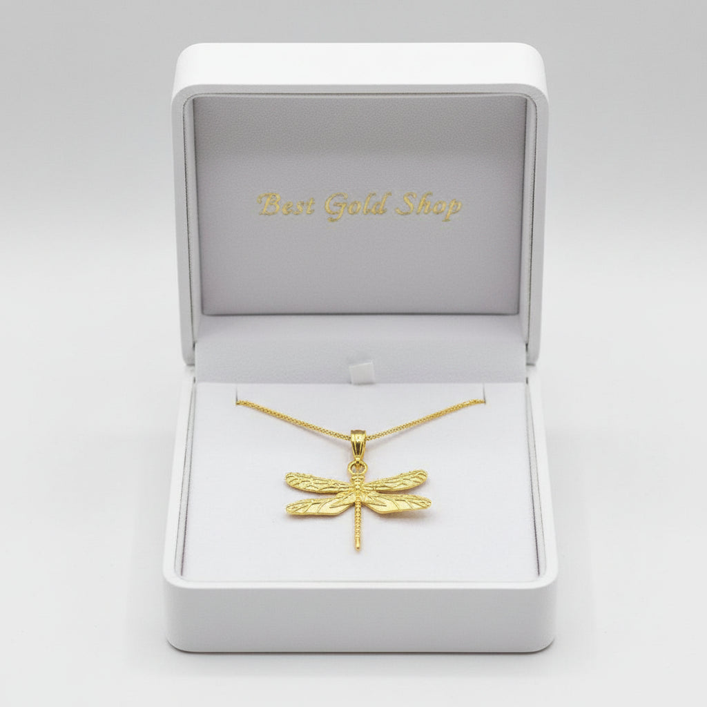 Guild Bullion 916 gold dragonfly displayed on chain in box; collection design reference. Check selector for current options and availability.