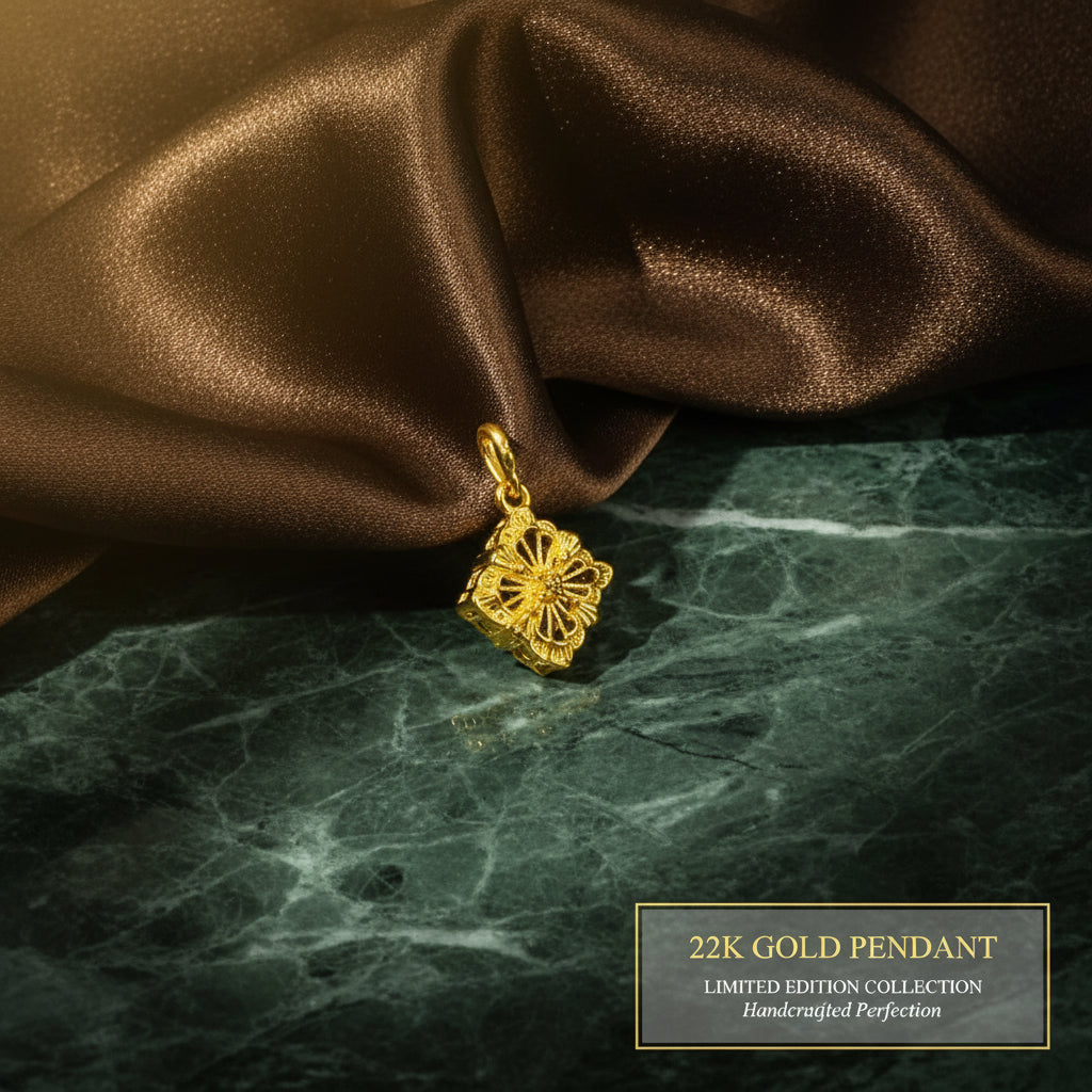 Guild Bullion 916 gold floral openwork charm; collection design reference. Check selector for current options and availability.